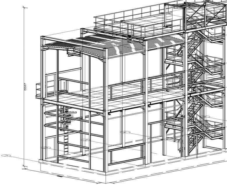 Architektonisches Drahtgittermodell eines mehrstöckigen Industriegebäudes mit Gerüstkonstruktion in Schwarz-Weiß