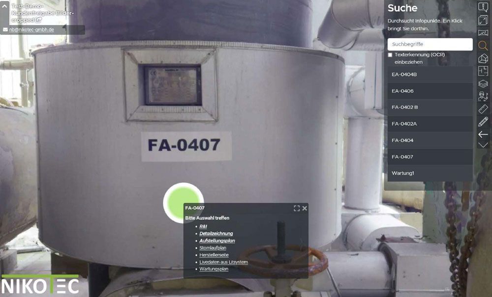 Industrietank mit der Bezeichnung FA-0407, gekennzeichnet mit einem grünen Marker und einem Suchmenü-Overlay in der Ecke