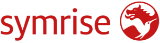 Symrise-Logo mit roter Schrift und kreisförmigem, rotem Emblem einer Weltkugel und Tiersilhouette