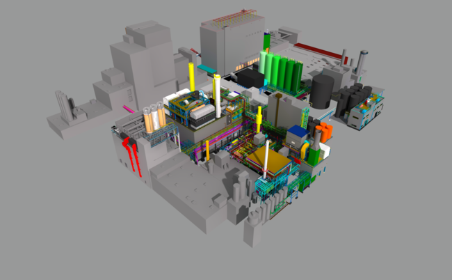 3D-Industrieanlagendiagramm mit farbigen Rohren, Tanks und Maschinen in grauer Anordnung