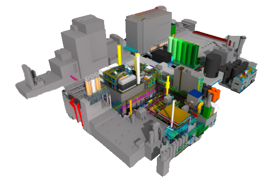 3D-Layout einer Industriemaschine mit farbigen Rohren, Paneelen und Bauteilen auf grauem Untergrund