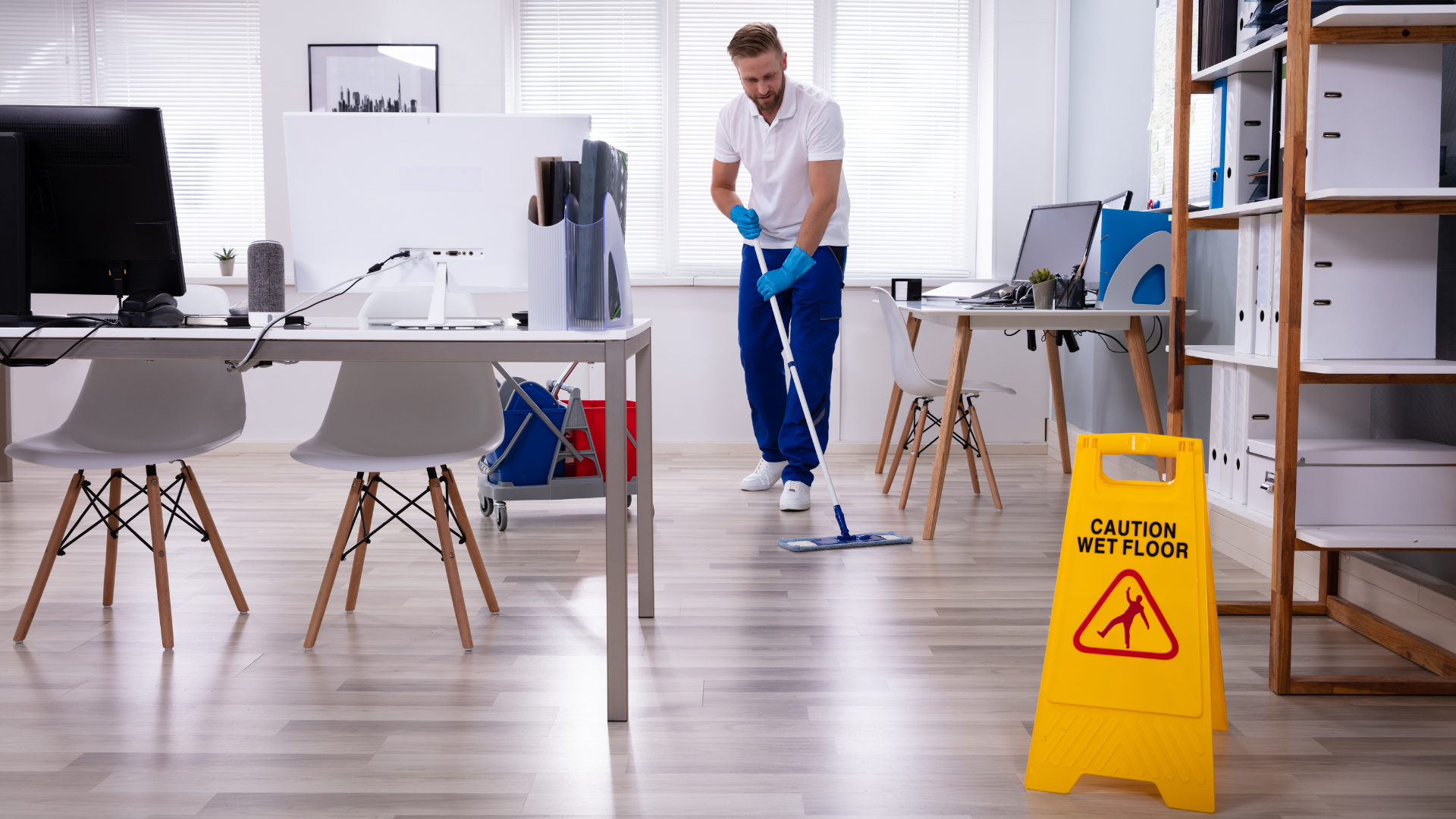 Mesa larga de madera con ordenadores y sillas negras en un espacio de oficina moderno, grandes ventanales y lámparas colgantes.