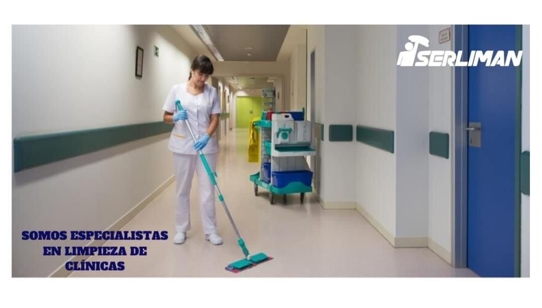 Woman cleaning a clinic hallway with mop. Serliman logo. Text: 