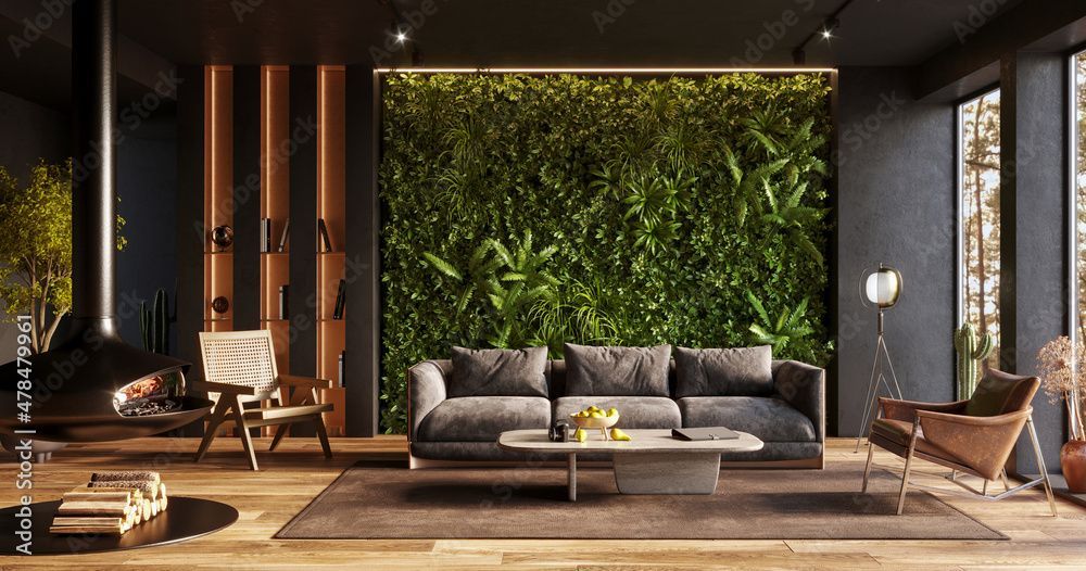 Modernes Wohnzimmer mit grauem Sofa, Holzelementen, grüner Wand und Loungesesseln in warmem Licht