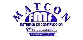 Un logotipo azul y blanco para una empresa llamada Matcon.