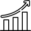 Un icono en blanco y negro que muestra tres columnas de un gráfico de barras de altura creciente con una flecha que apunta hacia arriba encima de ellas.