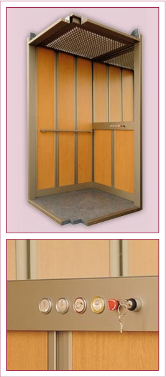 Una imagen de un ascensor con paneles de madera y una imagen del interior del ascensor.