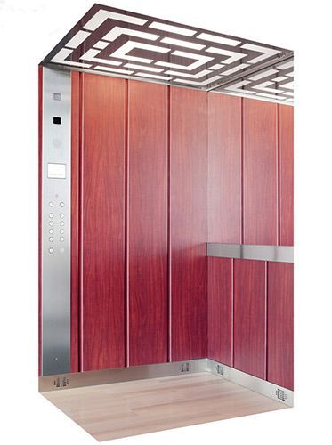 Un ascensor de madera con estructura de acero inoxidable y suelo de madera.