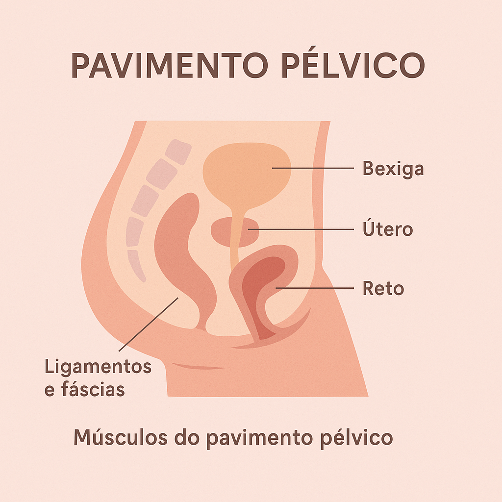 Diagrama do assoalho pélvico feminino mostrando bexiga, útero, reto, ligamentos e fáscia.
