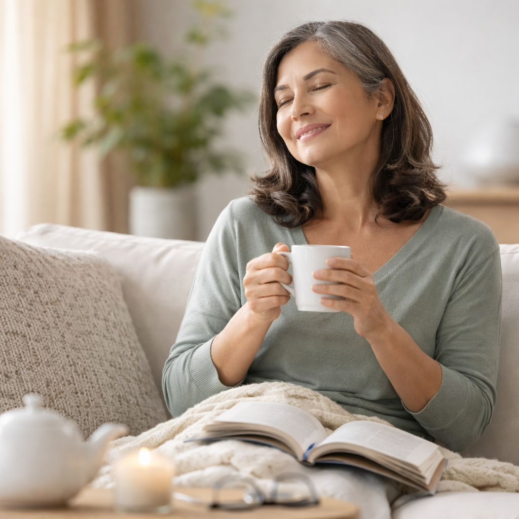 Mão de pessoa sobre o abdômen, usando calcinha escura de cintura alta e com um anel no dedo. Fundo cor de pêssego.
