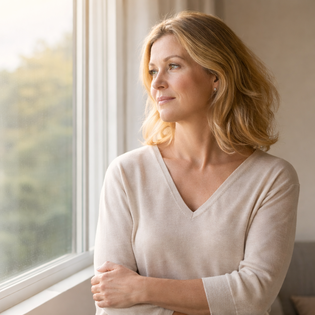 Uma pessoa de jaleco branco segurando um modelo em corte transversal do sistema reprodutor feminino.