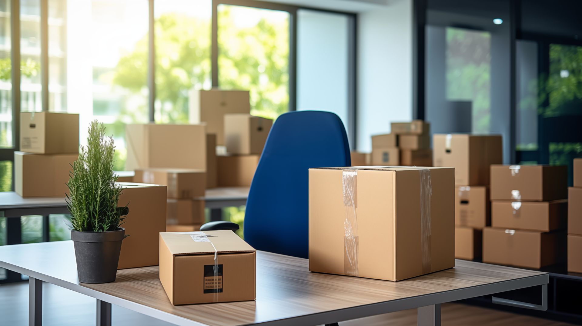 Bureau avec cartons de déménagement et chaise bleue dans un espace de travail moderne et lumineux.