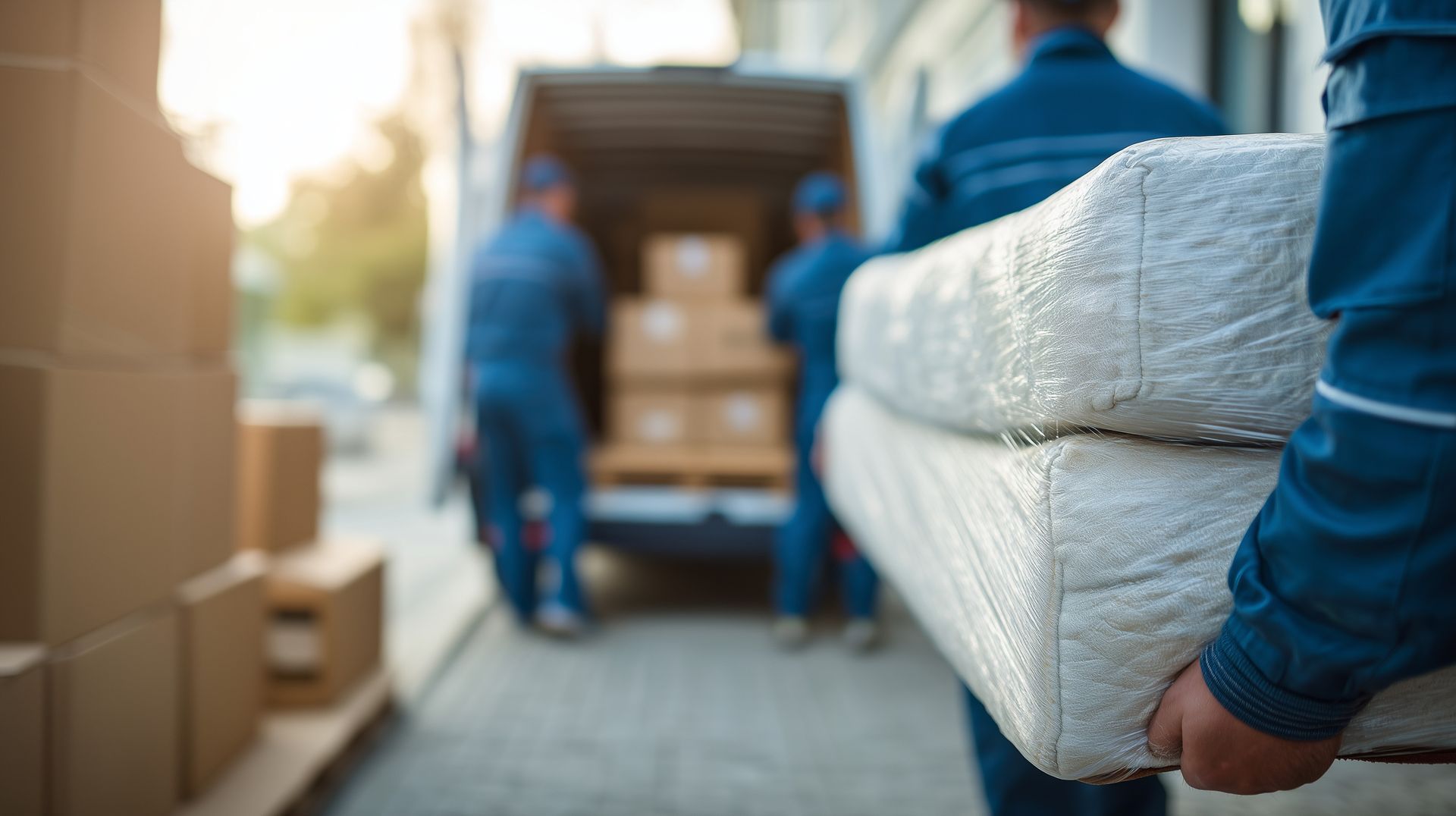 Des ouvriers chargent des matelas en carton dans un camion de livraison.