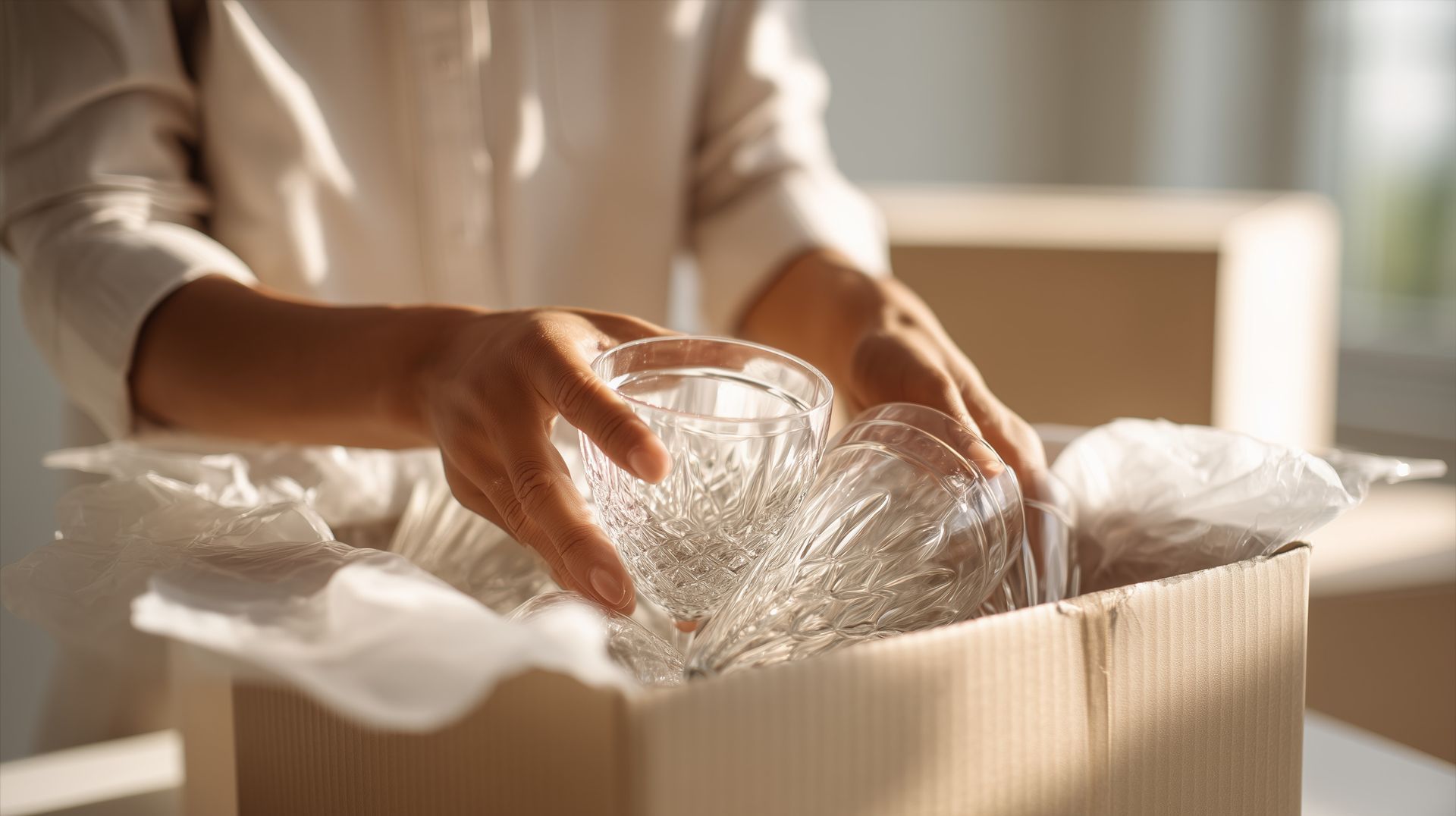 Des mains déballent un bol en verre d'une boîte en carton dans une pièce ensoleillée.