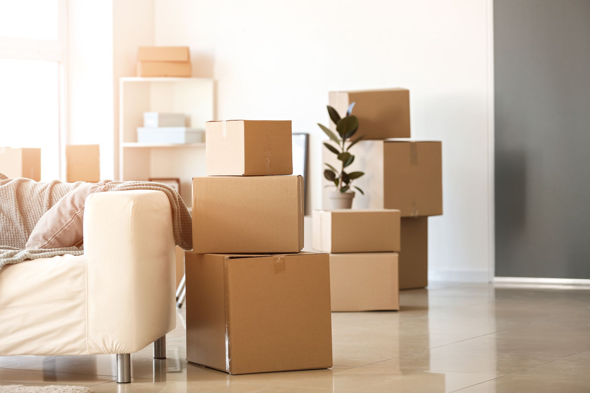 Des cartons de déménagement empilés dans un salon lumineux, à côté d'un canapé beige et d'étagères.