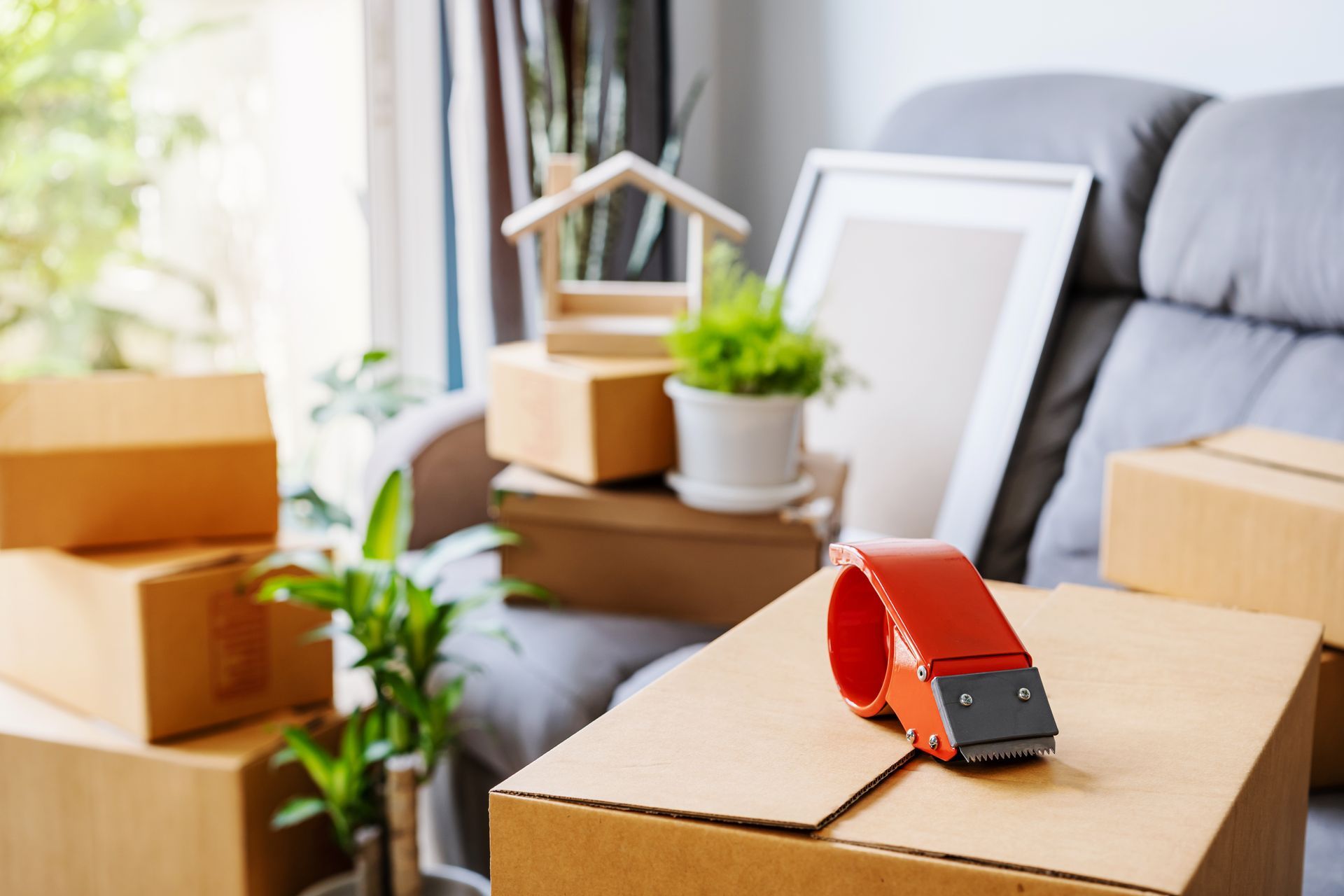 Des cartons de déménagement dans un salon, avec un tranchet rouge posé sur l'un d'eux.