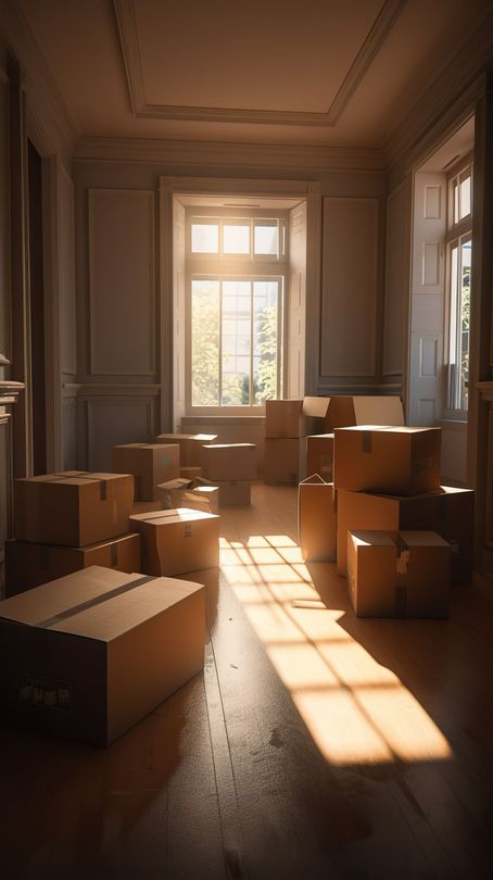 Pièce vide et ensoleillée avec des cartons de déménagement empilés et une fenêtre lumineuse.