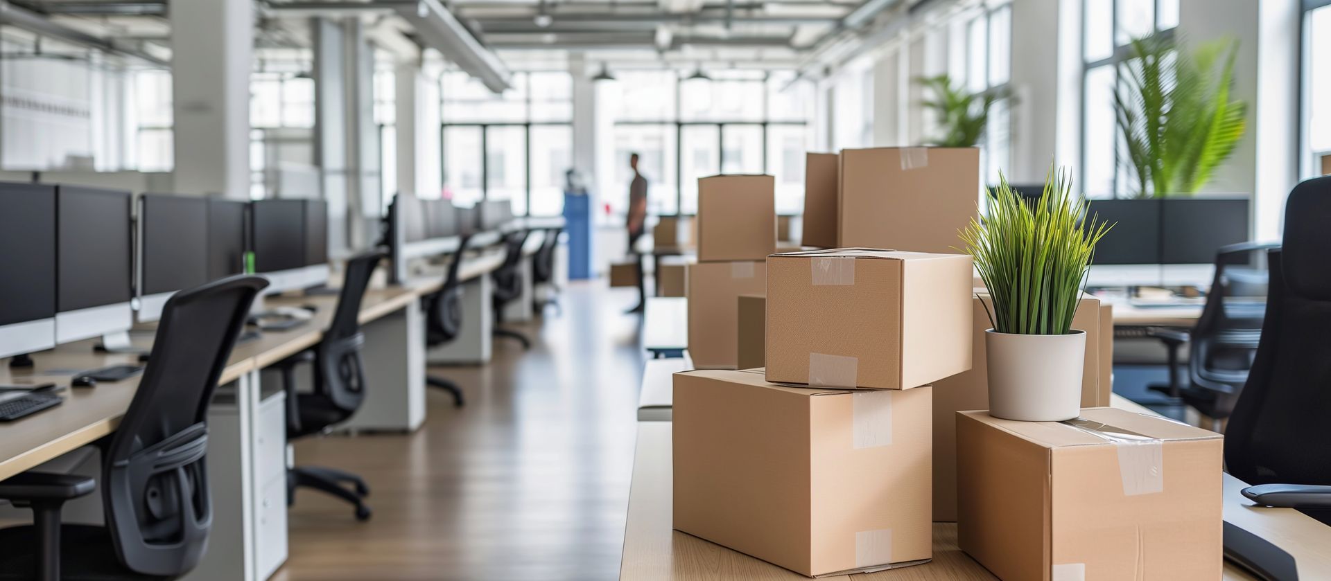 Un espace de travail moderne en open space avec des cartons empilés .
