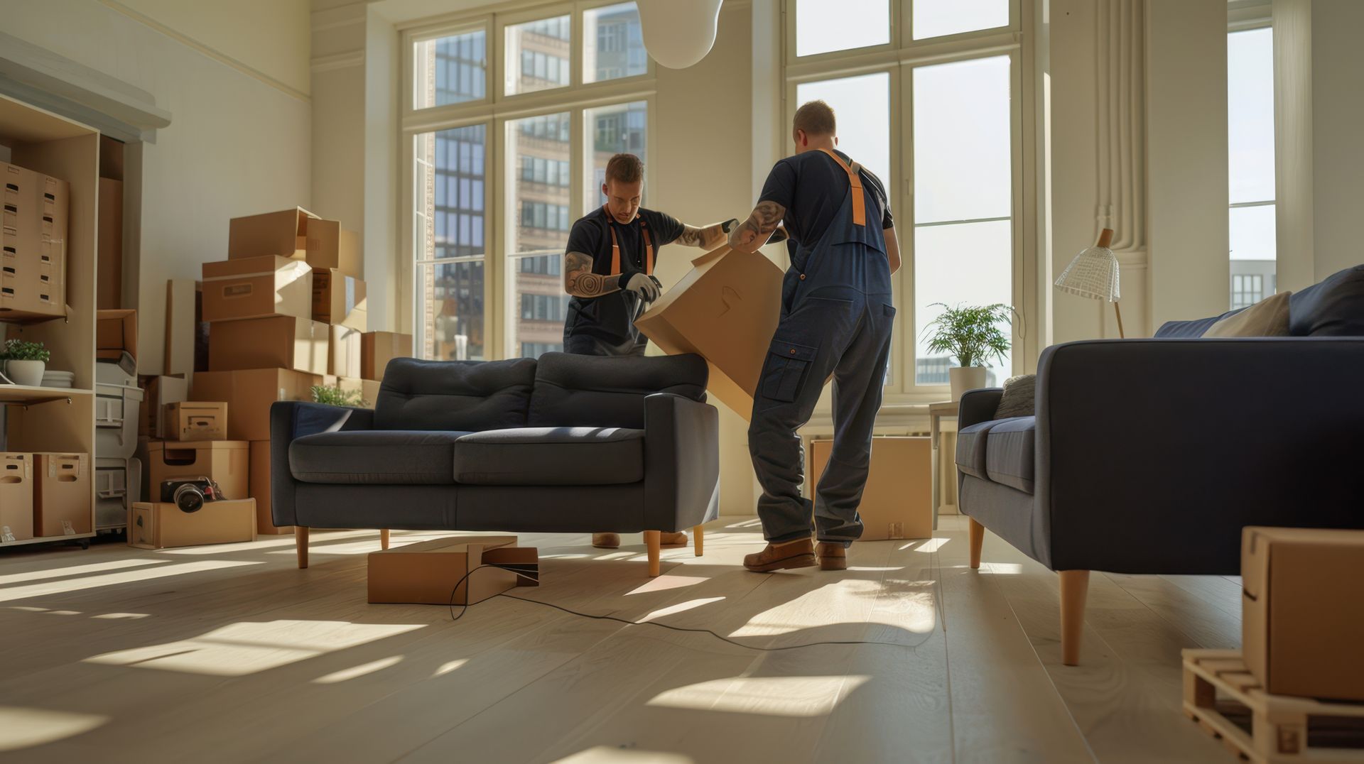 Deux déménageurs transportent un carton dans un salon ensoleillé, meublé de canapés et de cartons.