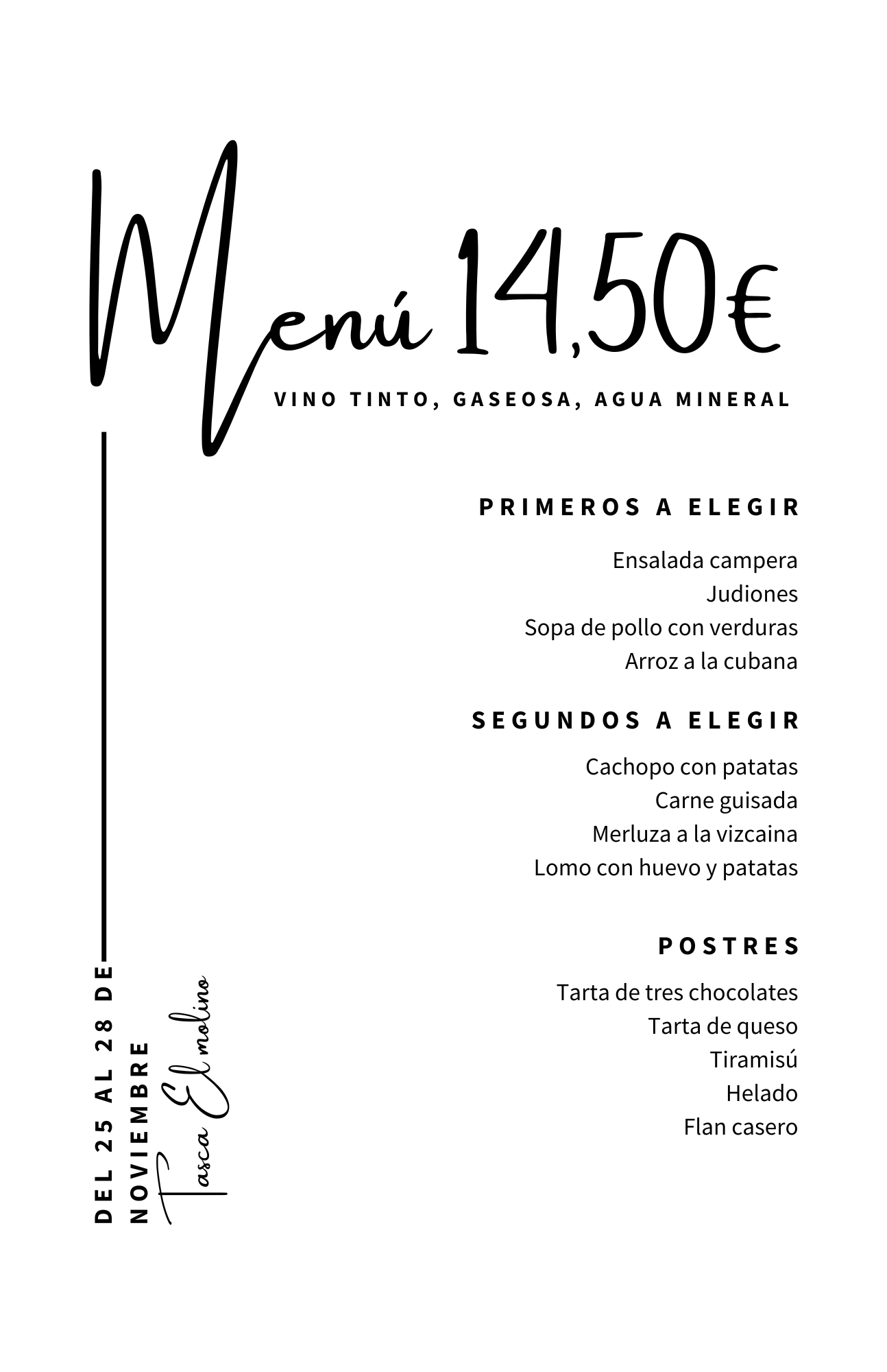 Cartel de Cocido madrileño con ilustración del plato y precio: 18,50 € por persona. Incluye bebida y postre.