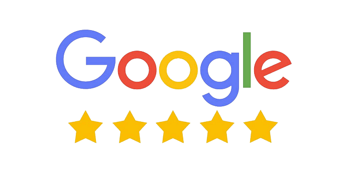 Un logotipo de Google con cinco estrellas sobre un fondo blanco.