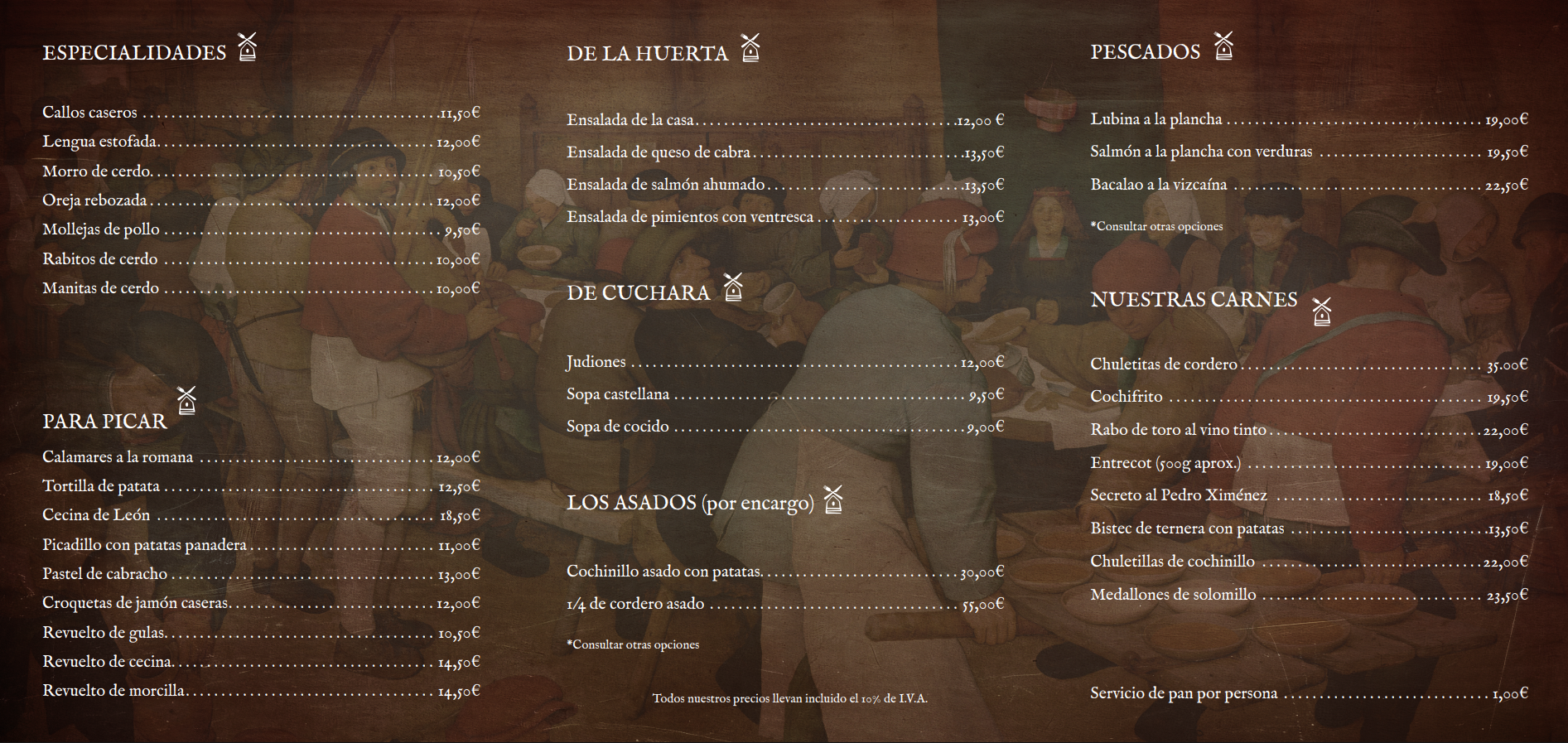 Tablero de menú con opciones y precios para el fin de semana. Diseño floral y detalles verdes.