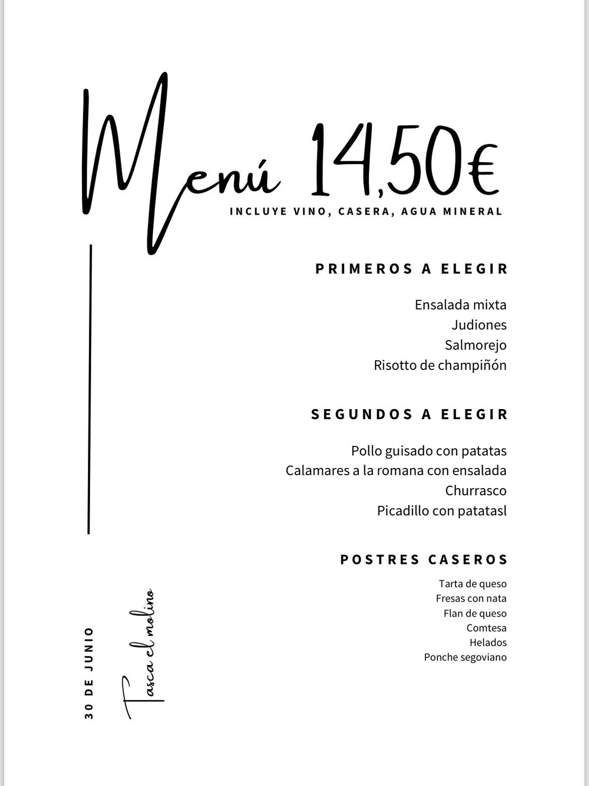 Un menú para un restaurante con un precio de 14,50 euros.