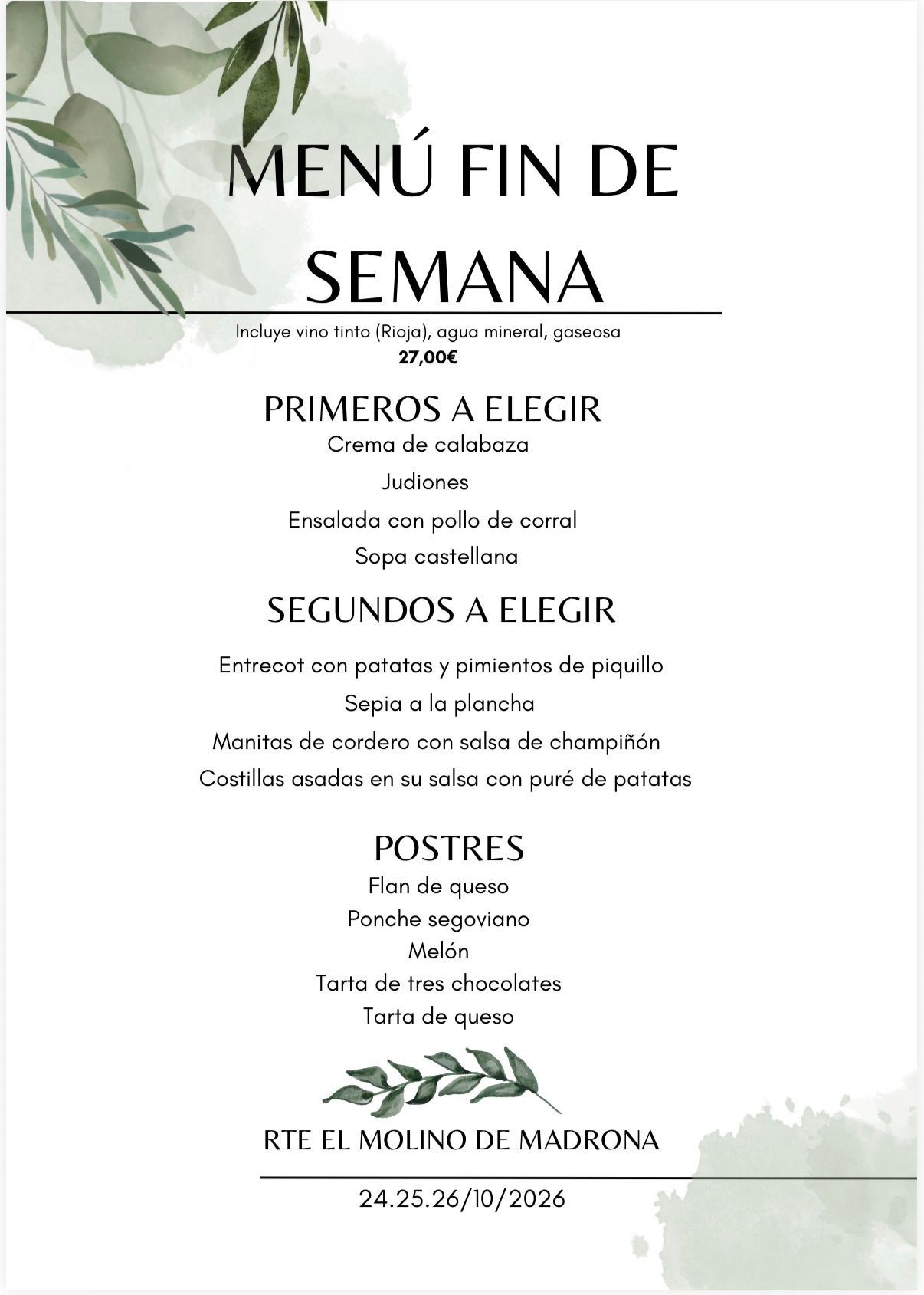 Menú de fin de semana español con borde de hojas y secciones para entrantes, platos principales, postres y maridajes de vinos.
