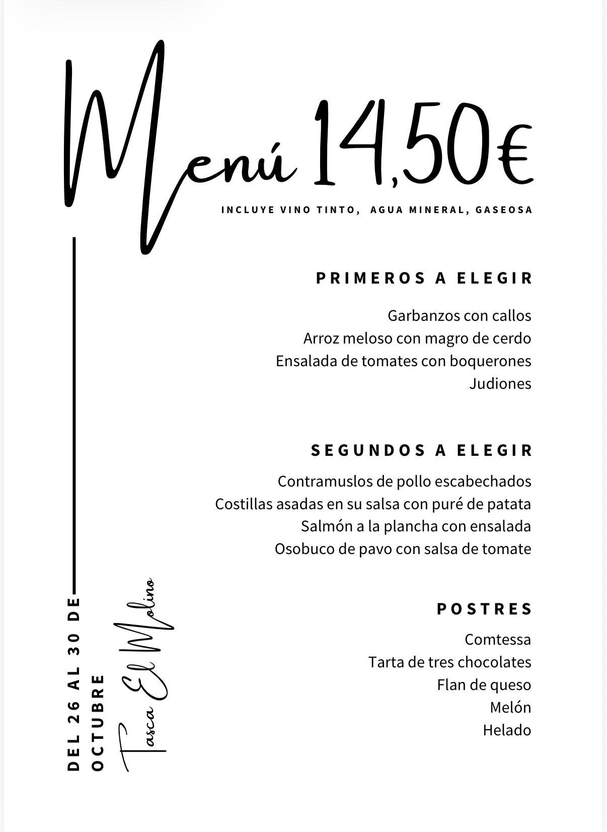 Menú de restaurante en blanco y negro con precio de 14,50 € y listado de platos