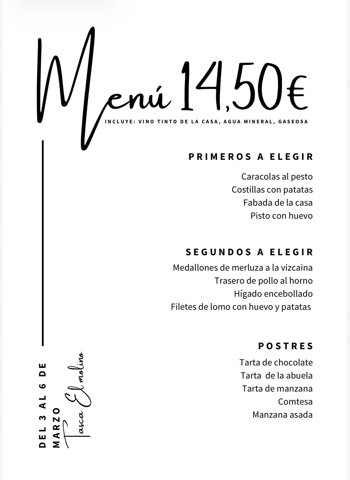 Tablero de menú con opciones y precios para el fin de semana. Diseño floral y detalles verdes.
