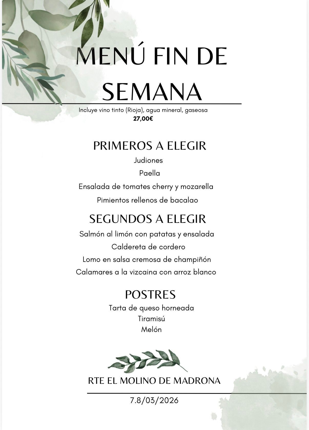 Tablero de menú con opciones y precios para el fin de semana. Diseño floral y detalles verdes.