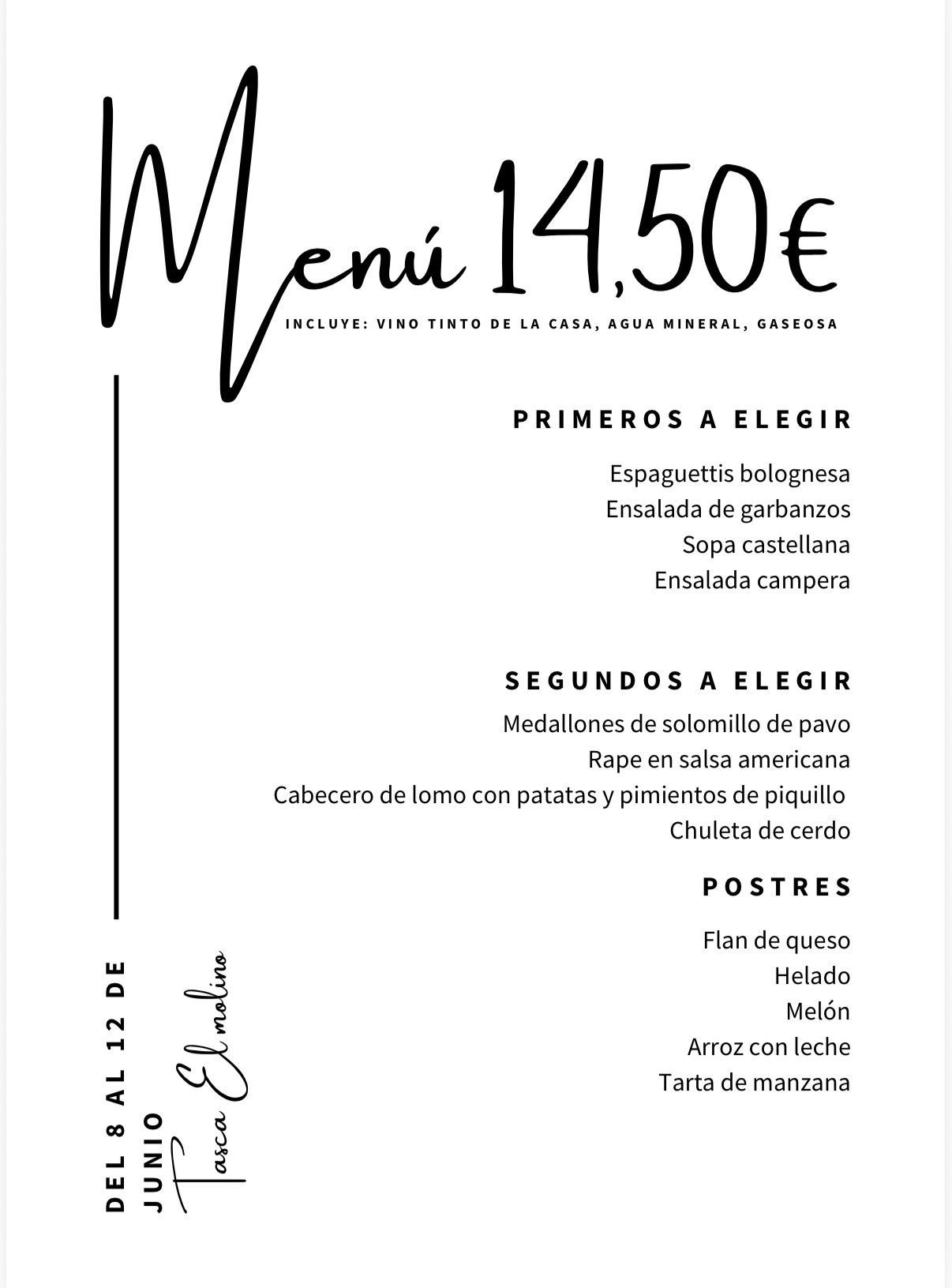 Tablero de menú con opciones y precios para el fin de semana. Diseño floral y detalles verdes.