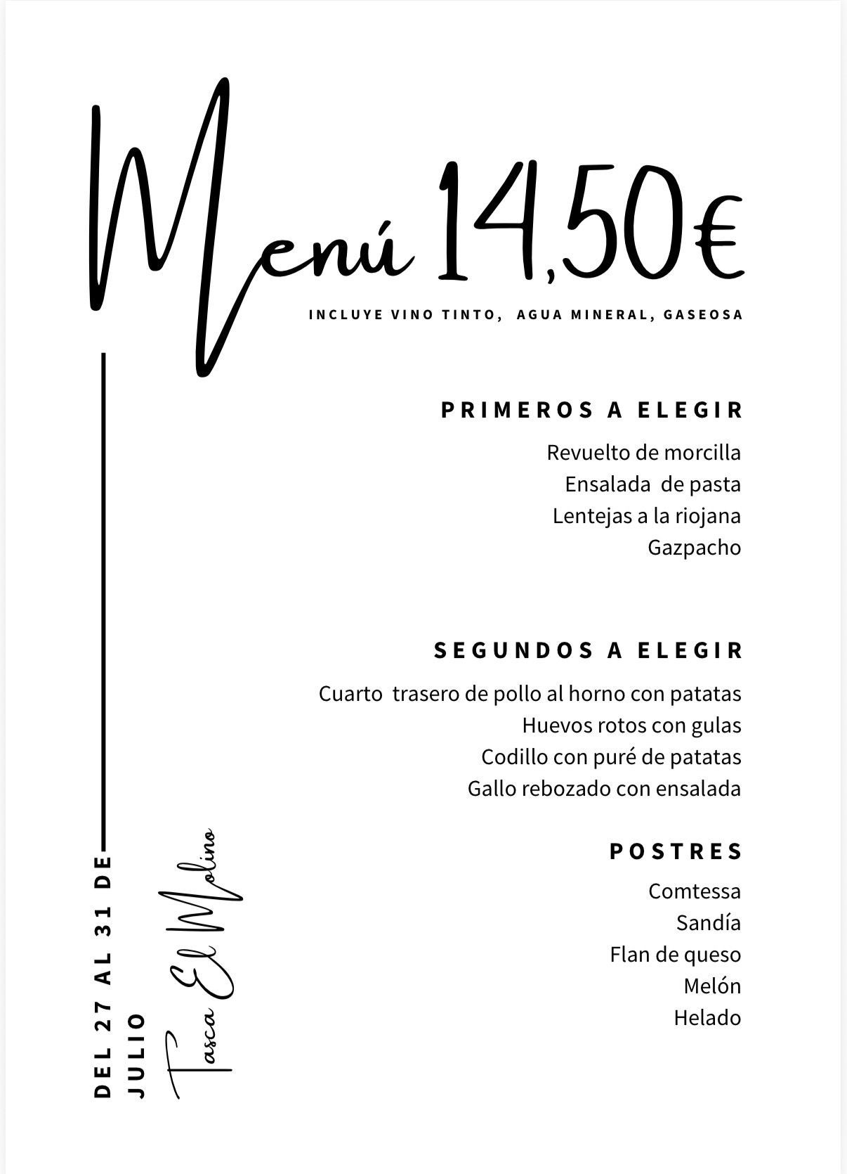 Tablero de menú con opciones y precios para el fin de semana. Diseño floral y detalles verdes.