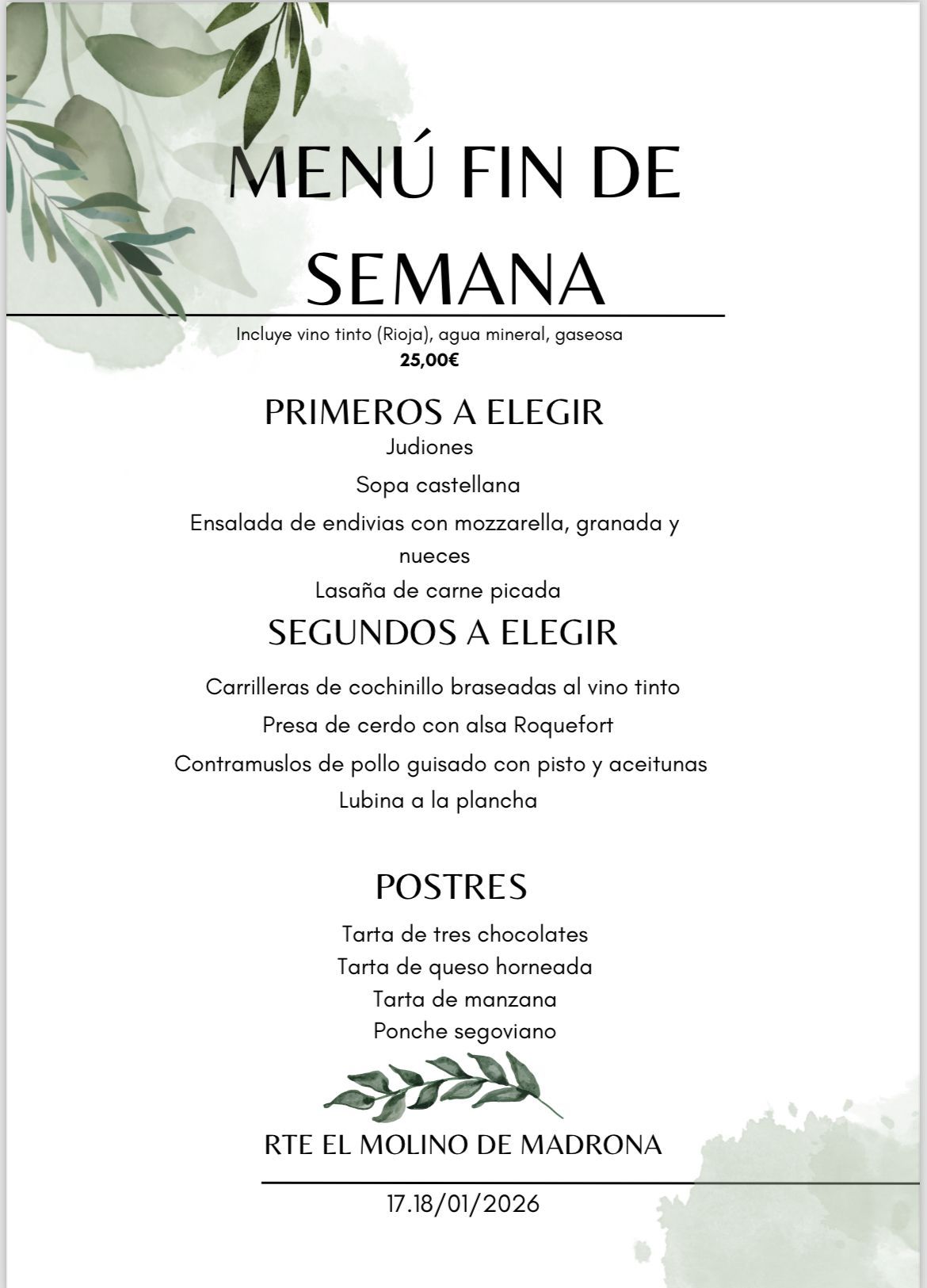 Tablero de menú con opciones y precios para el fin de semana. Diseño floral y detalles verdes.
