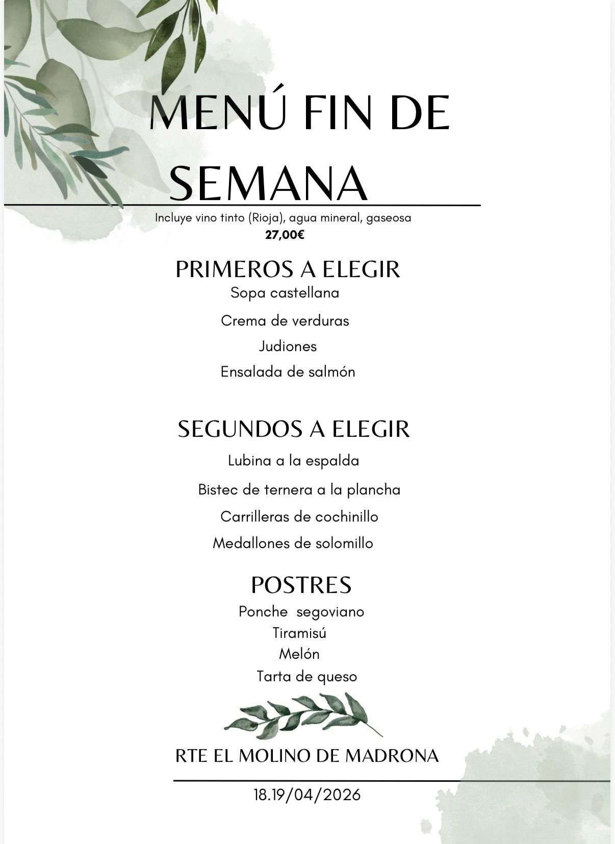 Tablero de menú con opciones y precios para el fin de semana. Diseño floral y detalles verdes.
