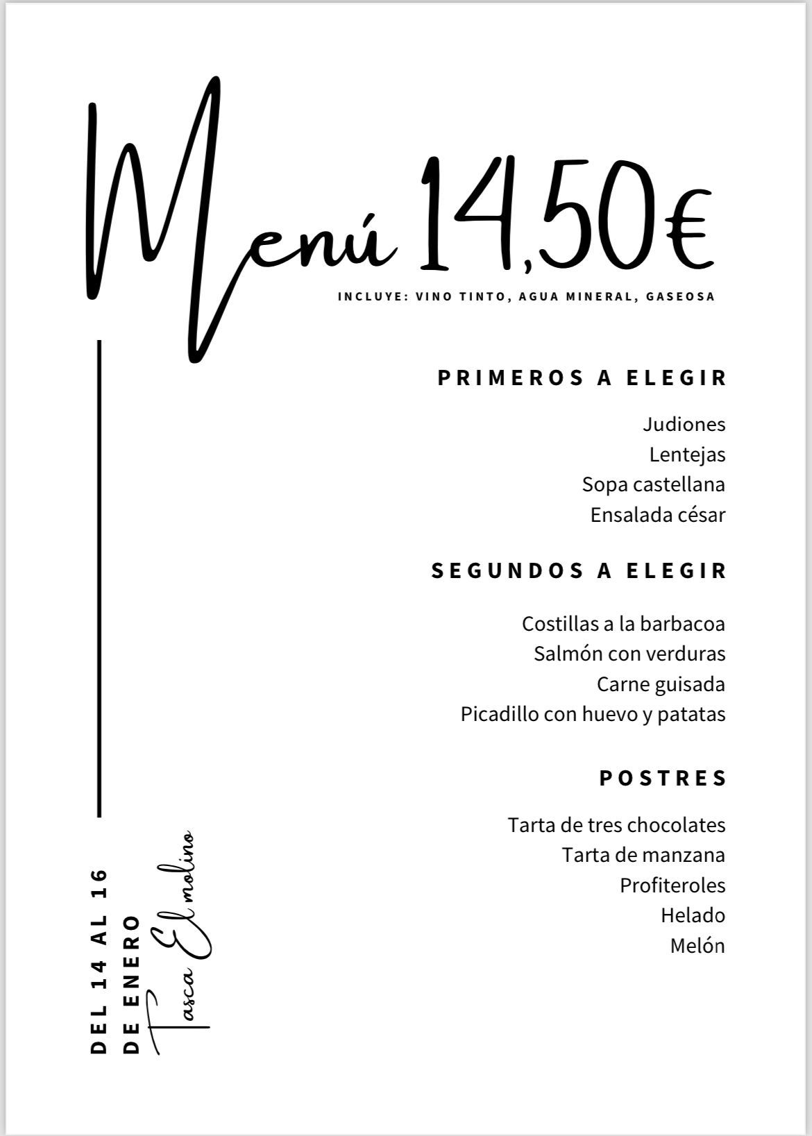 Tablero de menú con opciones y precios para el fin de semana. Diseño floral y detalles verdes.