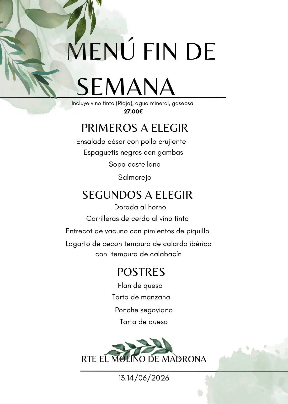 Tablero de menú con opciones y precios para el fin de semana. Diseño floral y detalles verdes.