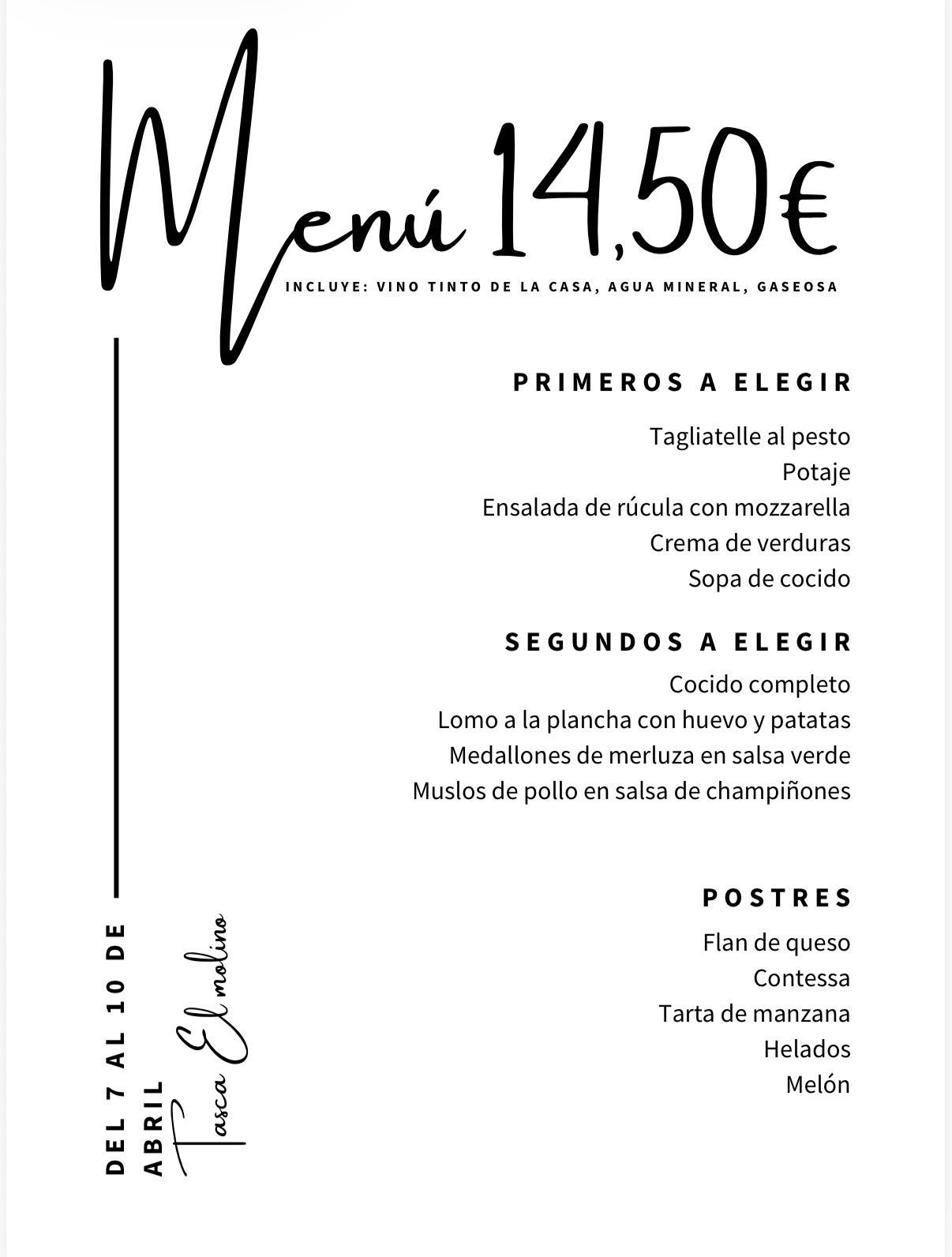 Tablero de menú con opciones y precios para el fin de semana. Diseño floral y detalles verdes.