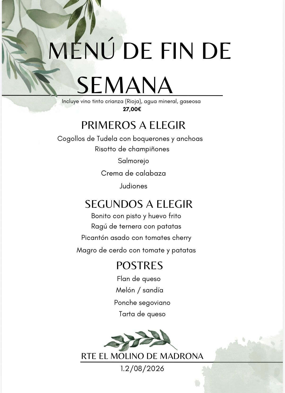 Tablero de menú con opciones y precios para el fin de semana. Diseño floral y detalles verdes.