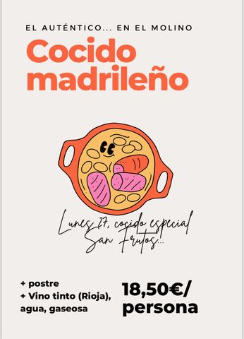 Cartel de Cocido madrileño con ilustración del plato y precio: 18,50 € por persona. Incluye bebida y postre.