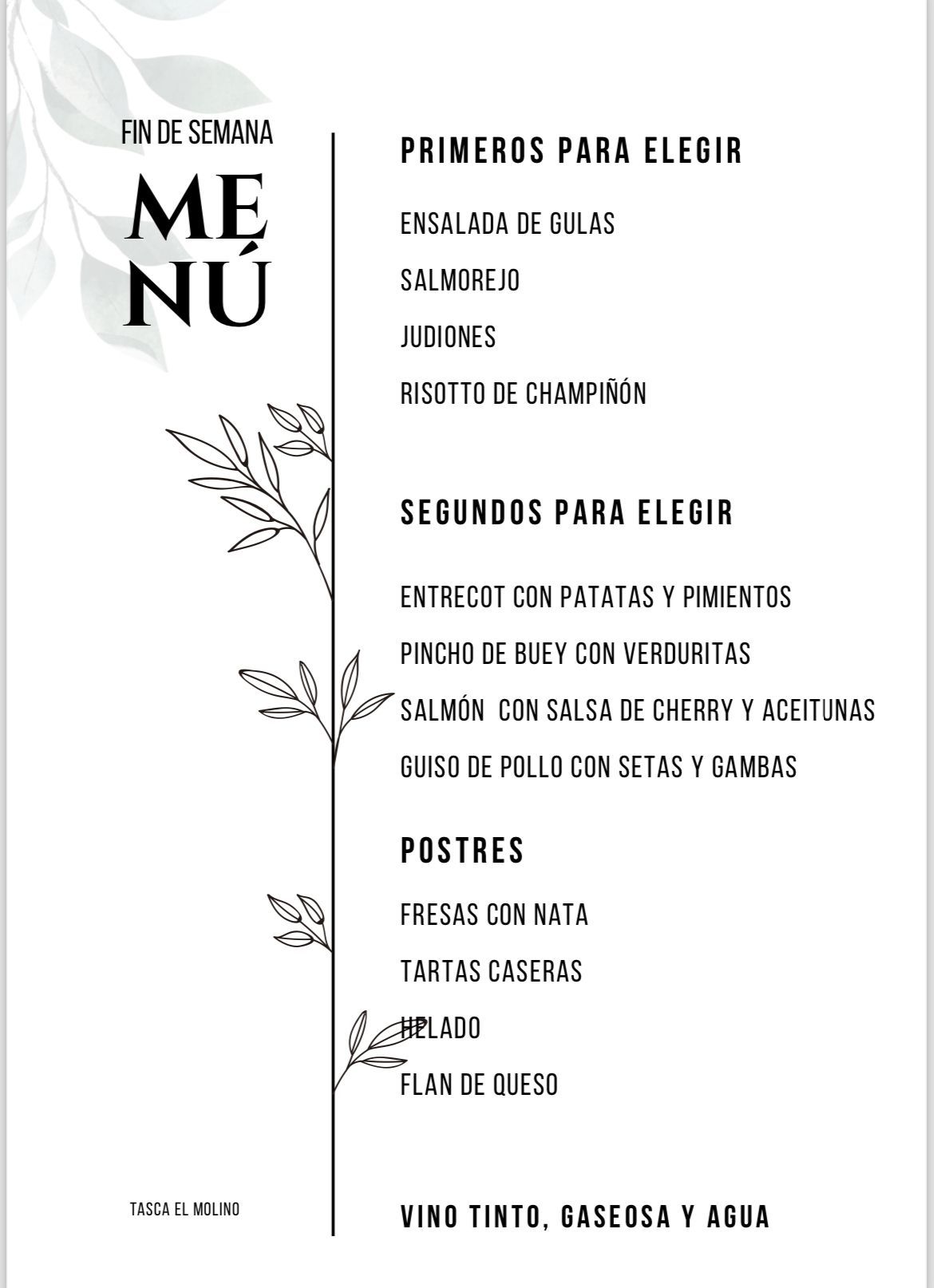 Un menú para un restaurante en español con una planta en él.