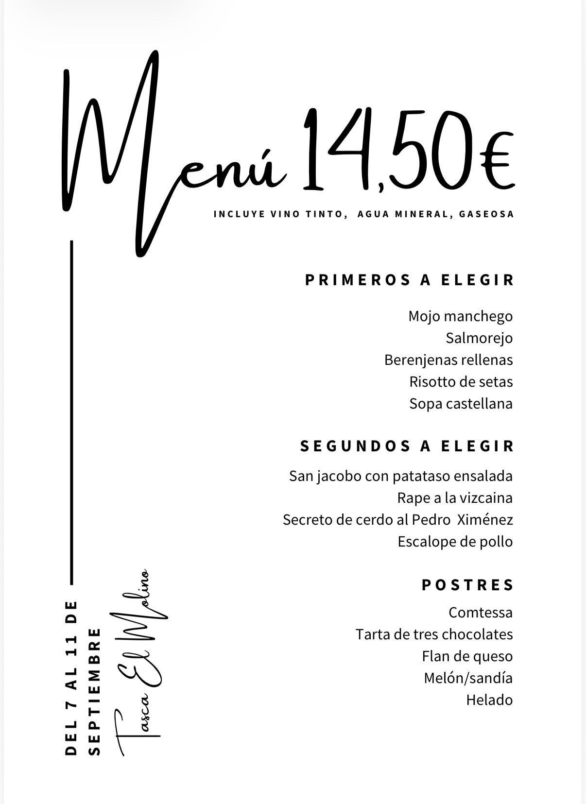Menú de restaurante en blanco y negro con precio de 14,50 € y listado de platos