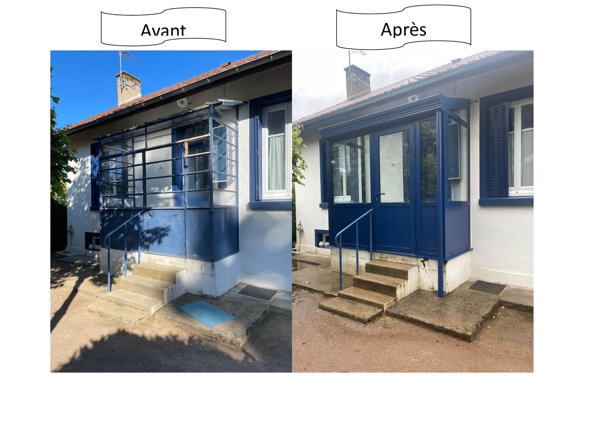 Avant et après d'une entrée avec porte et vitrerie