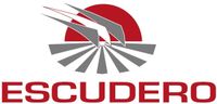 Logotipo de ESCUDERO con semicírculo rojo y abanico geométrico gris sobre texto rojo en negrita