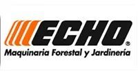ECHO logo with orange stripes and black text “Maquinaria Forestal y Jardinería”