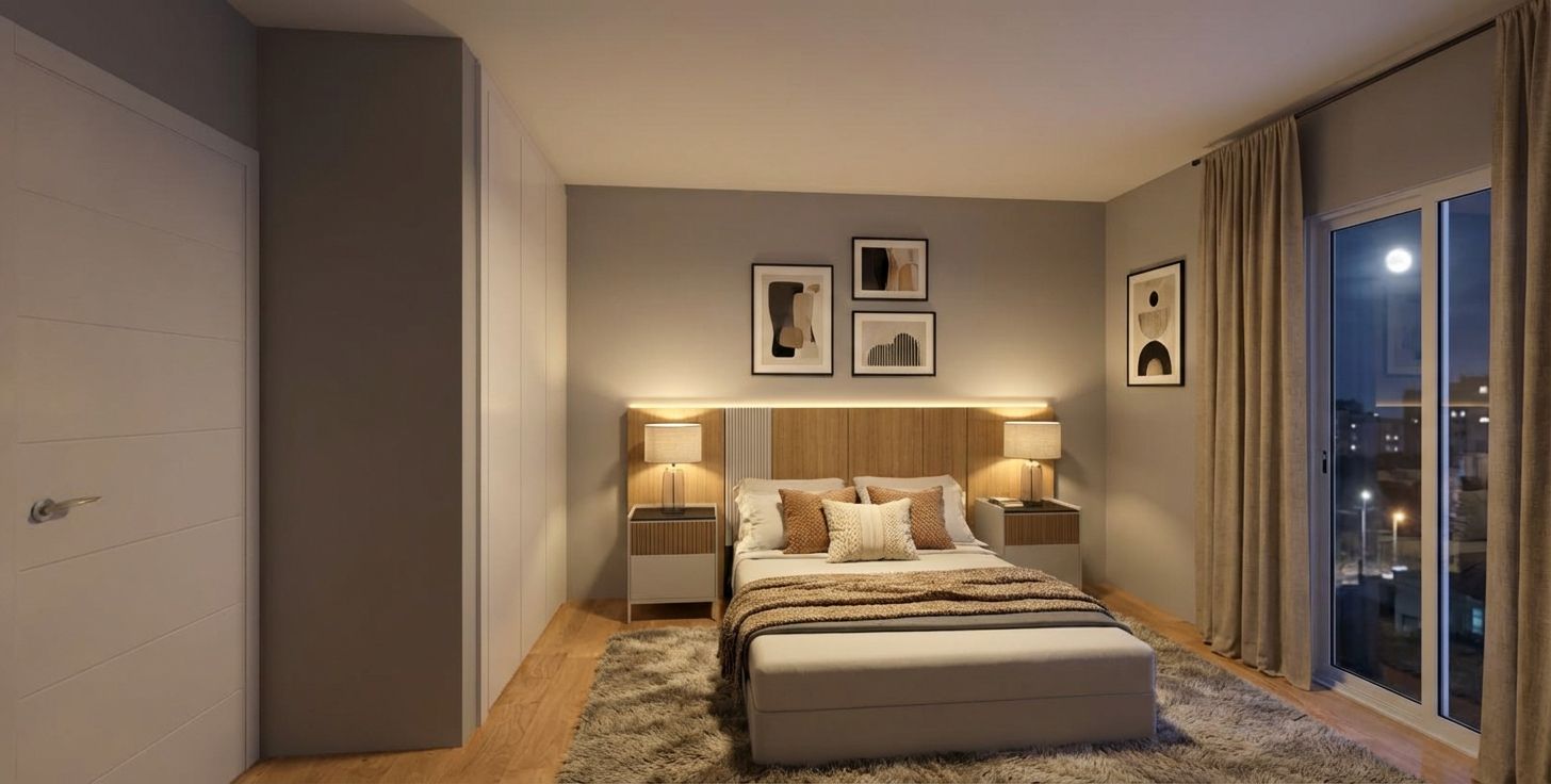 Salón con sofá color crema, lámpara negra y mesa de centro redonda con flores.