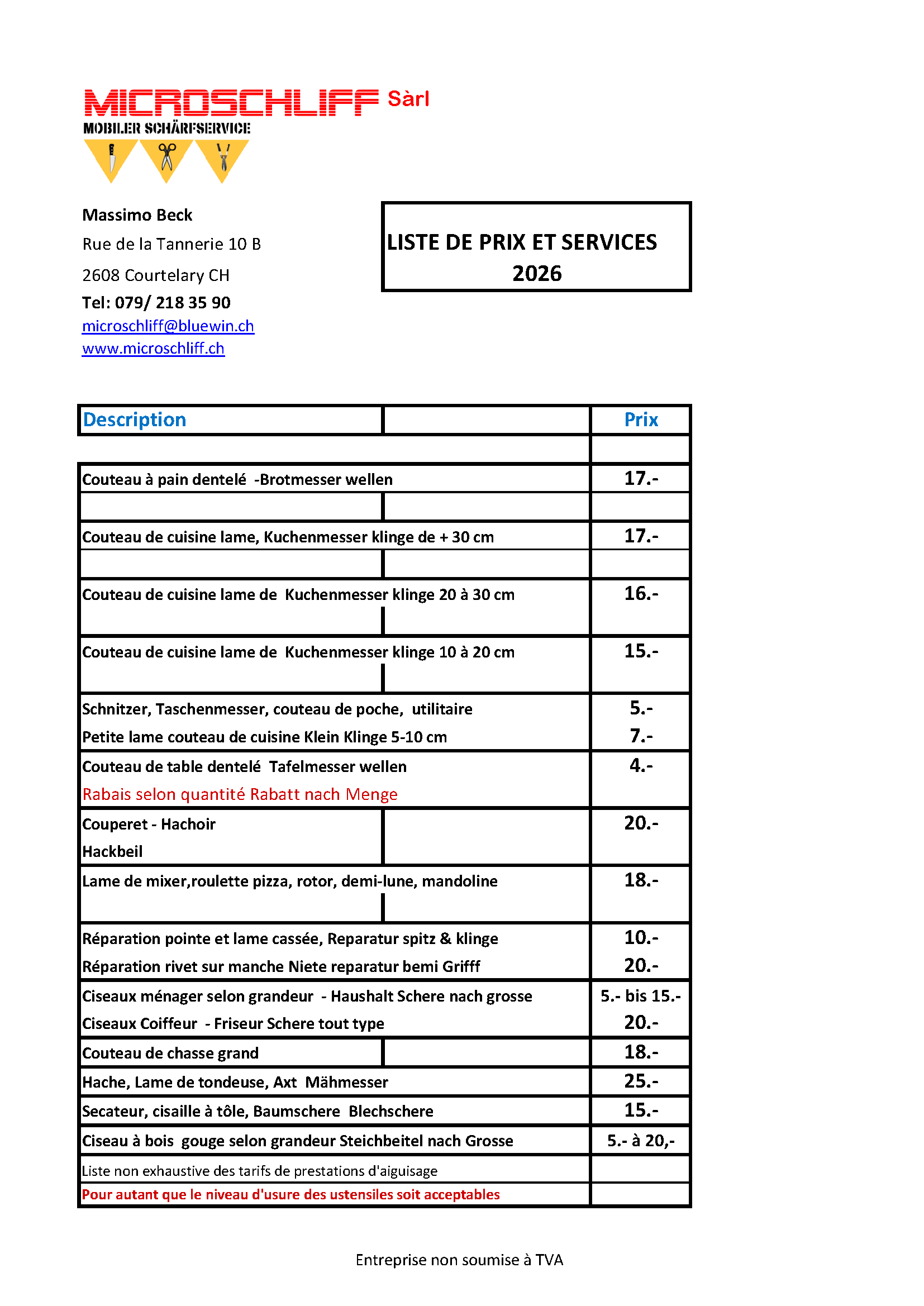 Liste de prix 2026 de Microschliff