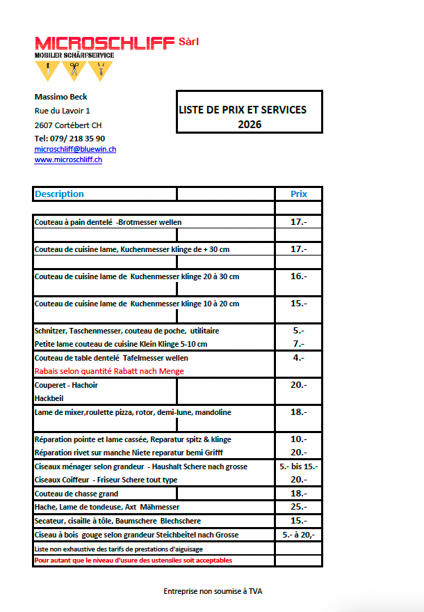 Liste de prix 2026 de Microschliff