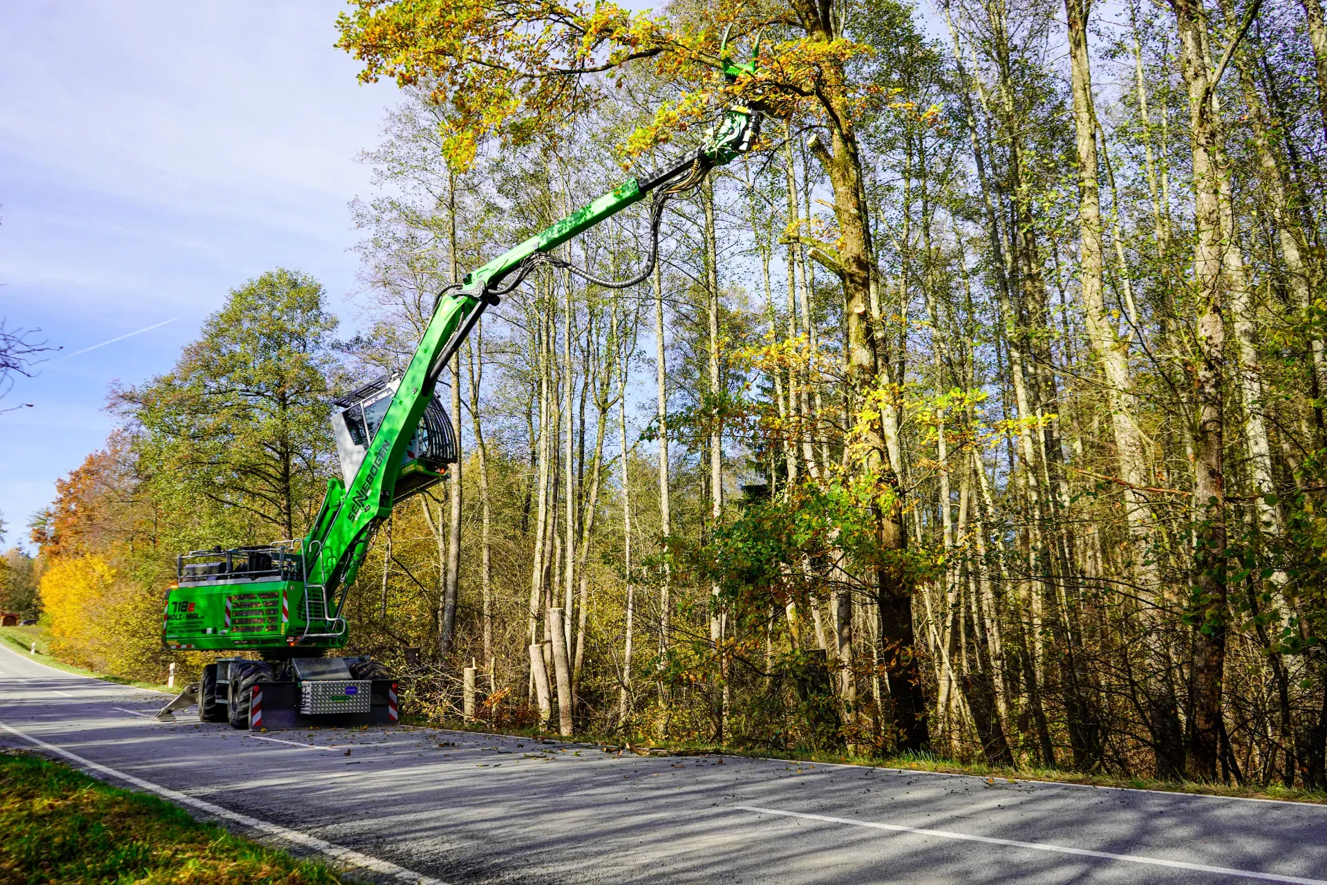 Ein Kran steht an einem Waldrand zur Straße. Es werden Bäume gepflegt.