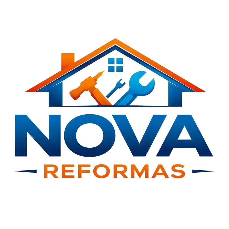Logotipo de NOVA Reformas que muestra un tejado, un martillo y una llave inglesa en azul y naranja.